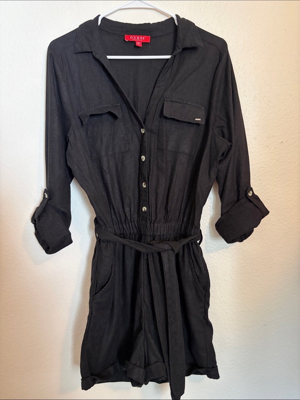 GUESS Size M Black Button-Front Belted Romper